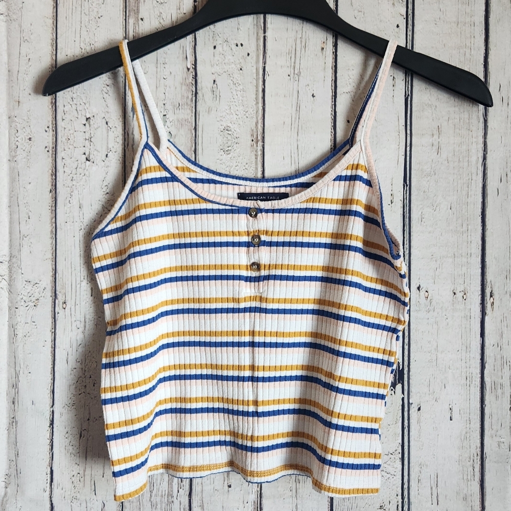 American Eagle Striped Ribbed Henley Cami Crop Top Medium Multicolor Boho Summer
